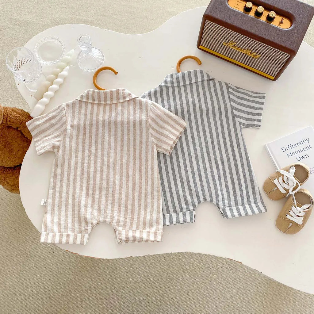 Baby Boys Rompers Striped Jumpsuits Turn Down Collar Toddler Boys Summer Clothing