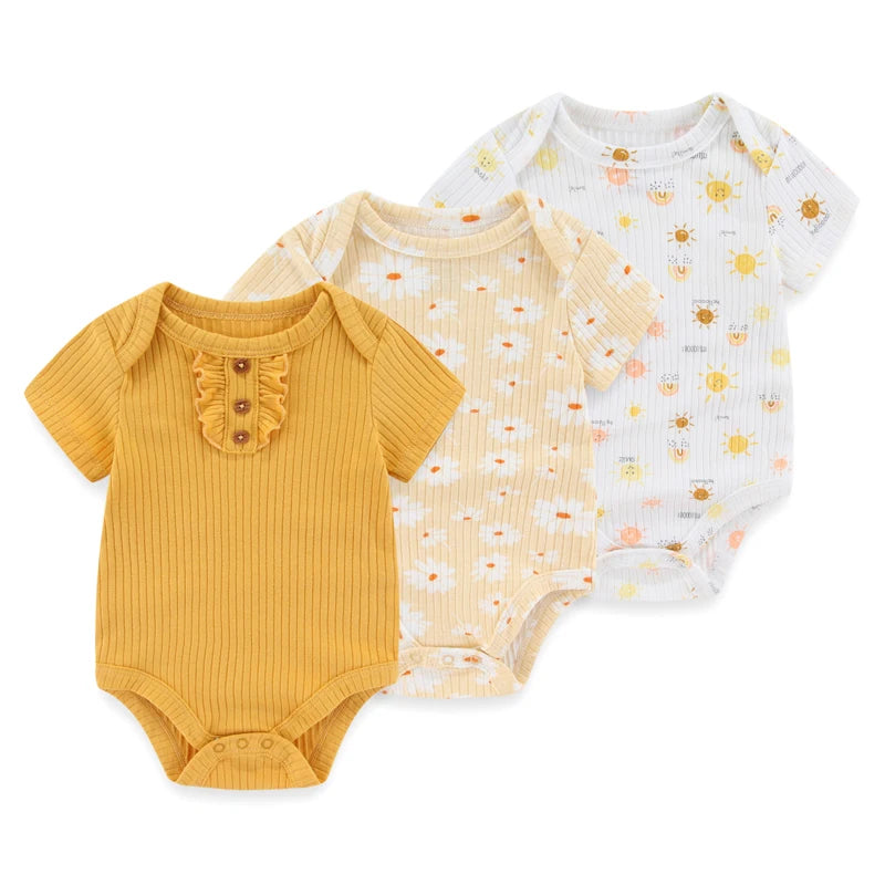 Kiddiezoom 3 PCS Fashion Summer Short Sleeve Cartoon Baby Bodysuit Cotton Newborn Boy Girl Clothes